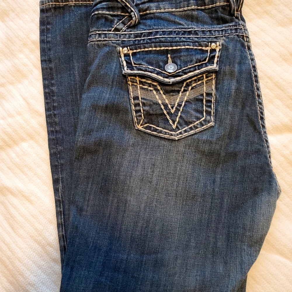 VIGOSS med/dark blue boot cut button pocket jeans. Plus size 22